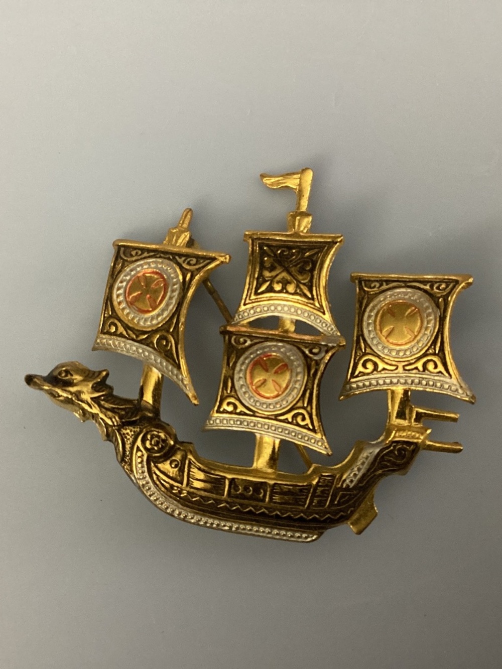 Vintage 60’s Damascene Ship Spain Gold tone Red Flag Detail sails red crosses
